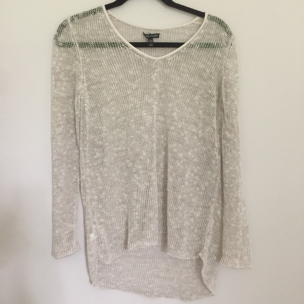 Eileen Fisher Fishnet Leather Trim V—Neck Top